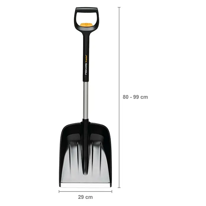 Fiskars X-series Schneeschaufel - Breite: 29 cm, Teleskopstiel - Abbildung eines Fiskars X-series Schneeschiebers mit Größenangaben.