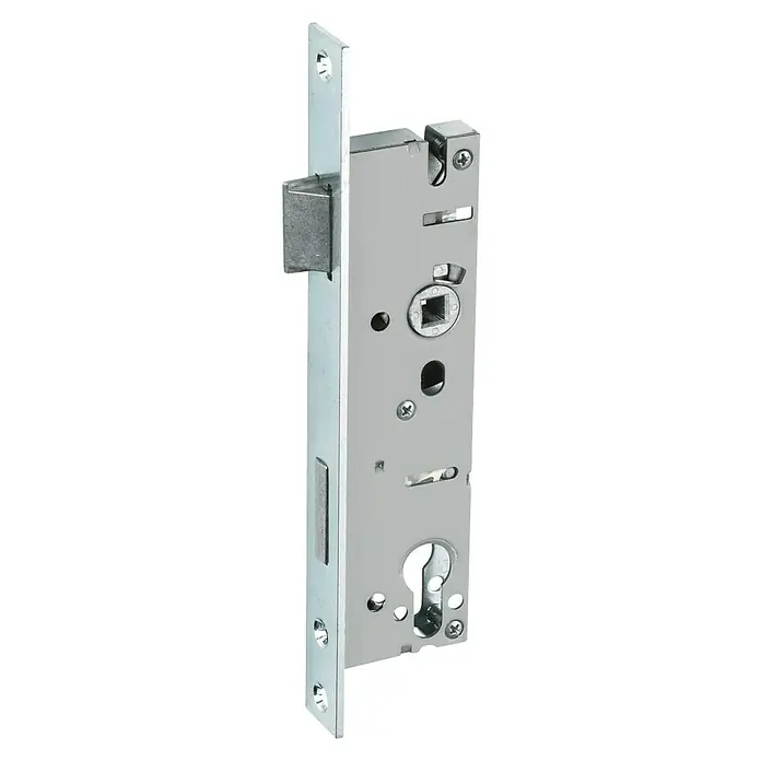 Abus Einsteckschloss ESR PZ LR Z 35 92 24 SB für Rohrrahmentüren - Links/Rechts, Profilzylinder, 187 x 35 x 14 mm - Nahaufnahme eines silberfarbenen Einsteckschlosses für Innentüren, das die Details und die robuste Konstruktion hervorhebt.