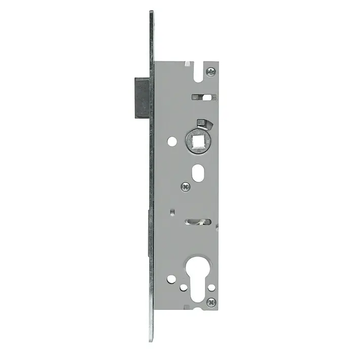 Abus Einsteckschloss ESR PZ LR Z 35 92 24 SB für Rohrrahmentüren - Links/Rechts, Profilzylinder, 187 x 35 x 14 mm - Detailaufnahme eines silberfarbenen Einsteckschlosses, das die mechanischen Komponenten und die Bauweise des Produkts hervorhebt.