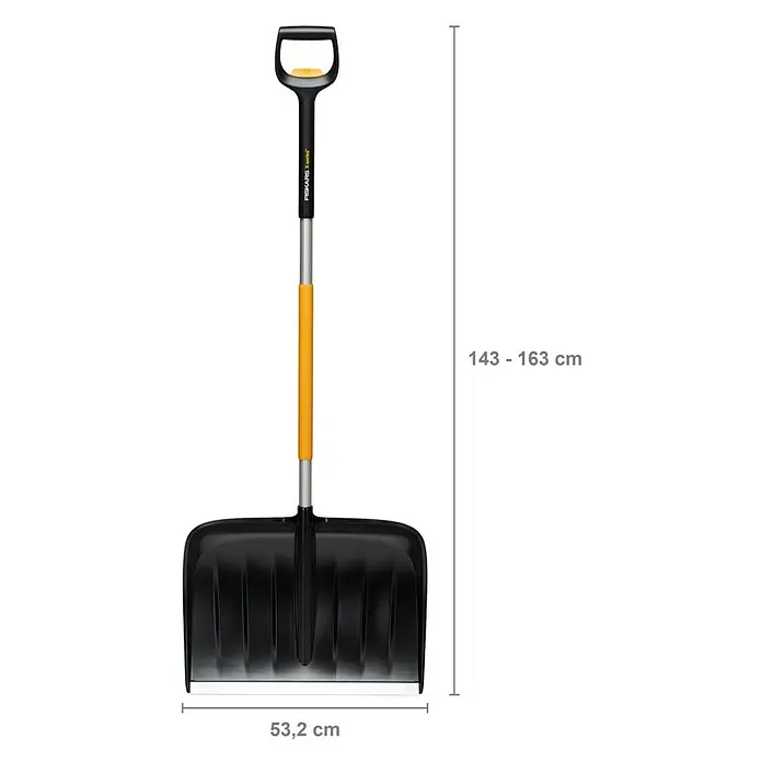 Fiskars X-series Schneeschieber - Breite: 53,2 cm, Teleskopstiel - Abbildung eines schwarzen Fiskars X-Series Schneeschiebers mit gelbem Griff und Maßangaben.