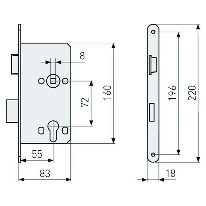 Korridor-Einsteckschloss ES TGL PZ R G 55 72 SB (Rechts, Profilzylinder, 160 x 83 x 14 mm) | BAUHAUS