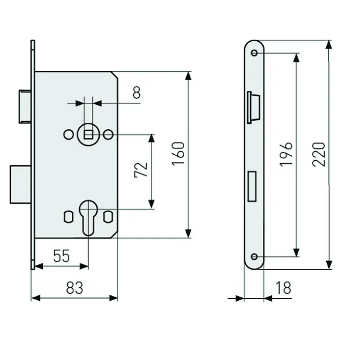Korridor-Einsteckschloss ES TGL PZ L G 55 72 SB - Links, Profilzylinder, 160 x 83 x 14 mm - Technische Zeichnung eines Türschlosses mit Maßangaben. Die Abmessungen des Schlosses sind detailliert dargestellt.