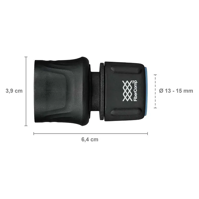 Fiskars FiberComp Schlauchanschluss On/Off - ½″ / ⁵⁄₈″ - Darstellung eines FiberComp-Schlauchverbinders mit Maßangaben, der eine sichere und effiziente Verbindung im Garten ermöglicht.