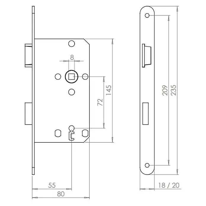 Abus Zimmertür-Einsteckschloss 20 SB - Rechts, Stulpfarbe: Silber, 145 x 80 x 14 mm, Stulplänge: 235 mm - Schemazeichnung eines Einsteckschlosses mit Maßen für Montage und technische Details zur korrekten Installation.