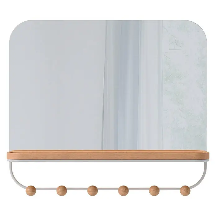 Umbra Garderobenhaken Estique - L x B x H: 10,2 x 45,7 x 40,6 cm, Anzahl Haken: 6 Stk. - Ein stilvoller Wandspiegel mit integriertem Holzregal und dekorativen Haken für eine elegante Aufbewahrungslösung.
