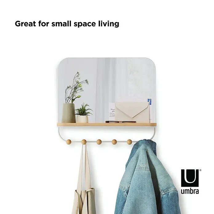 Umbra Gancho para colgar Estique - L x An x Al: 10,2 x 45,7 x 40,6 cm, Número de ganchos: 6 ud., Espejo - Espejo de pared Umbra con estante y perchas, perfecto para espacios pequeños, que ofrece almacenamiento y opciones para colgar chaquetas y bolsos.