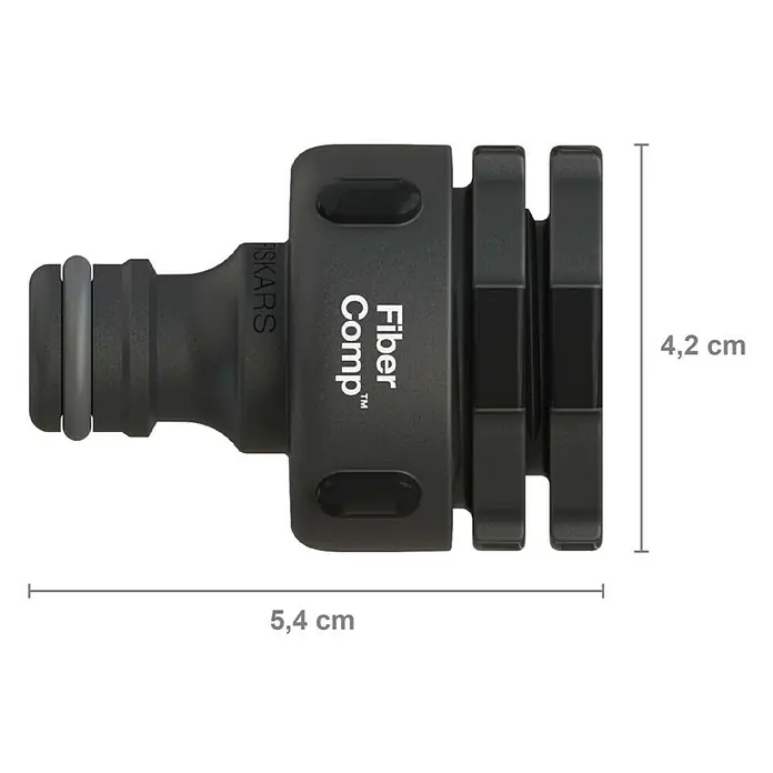 Fiskars FiberComp Hahnverbinder Multi - Multigewinde, 21 mm (G ½″) - Abbildung eines FiberComp™-Produktes von Fiskars mit Maßangaben. Hochwertiges Material für Langlebigkeit und Leistung.