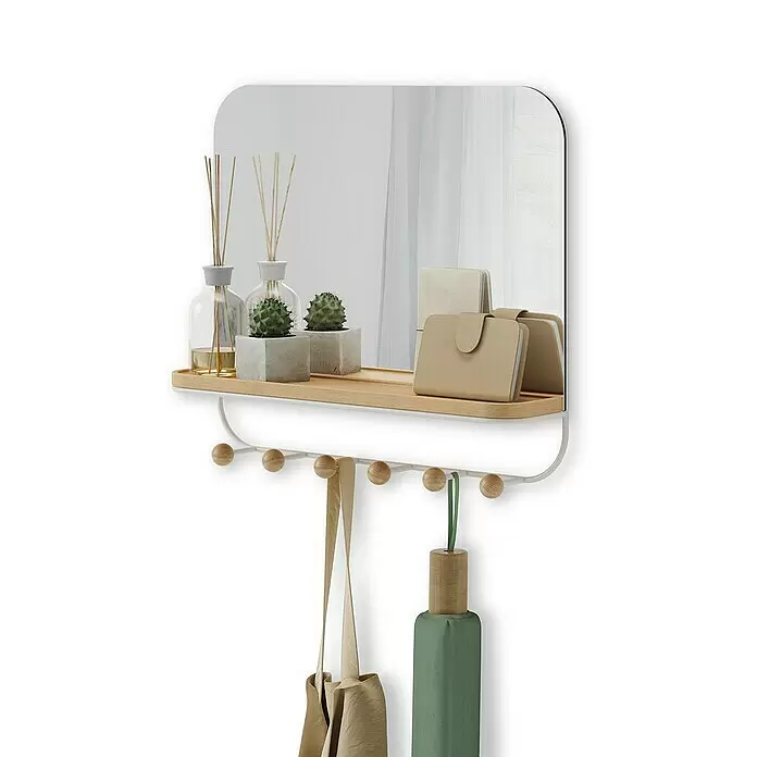 Umbra Gancho para colgar Estique - L x An x Al: 10,2 x 45,7 x 40,6 cm, Número de ganchos: 6 ud., Espejo - Organizador de entrada de pared con espejo, estante de madera natural y ganchos de bola de madera, con un bolso y un paraguas.