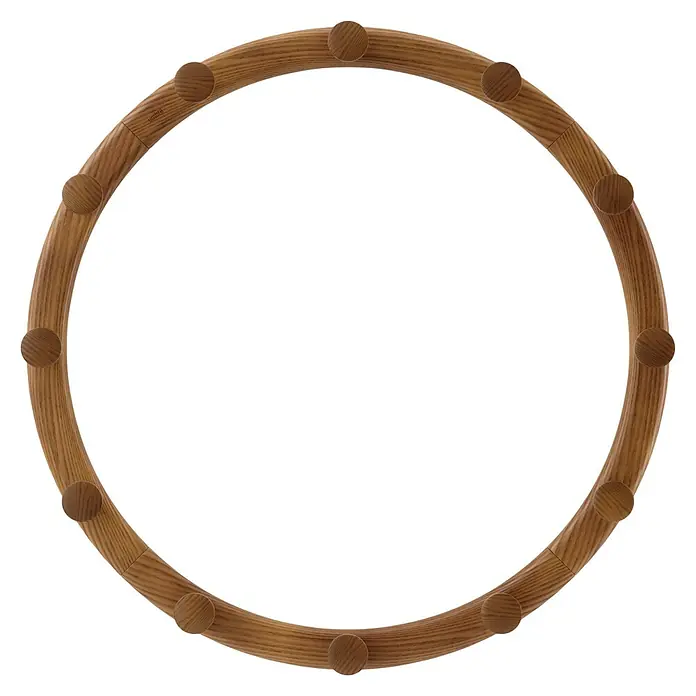 Umbra Garderobenhaken-Set Slinka - L x B x H: 4,8 x 42,8 x 11,4 cm, Anzahl Haken: 12 Stk., Walnuss - Ein kreisförmiger Garderobenständer aus hellem Holz mit abgerundeten Knöpfen, ideal für stilvolle Aufbewahrung.