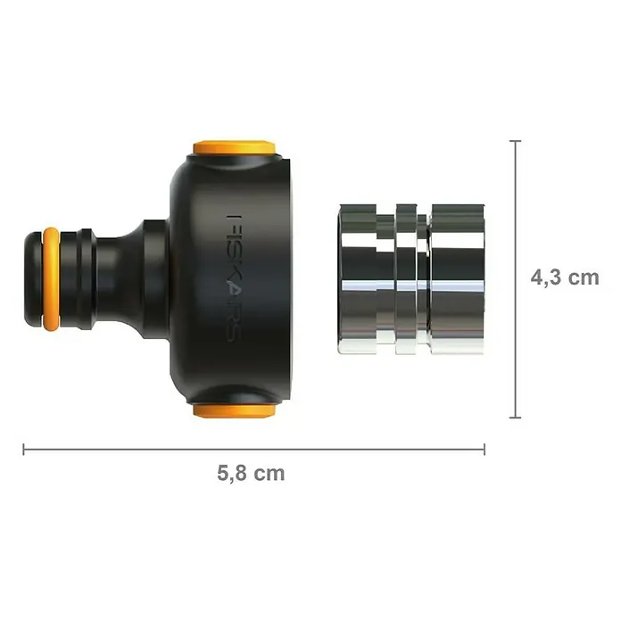 Fiskars FiberComp Hahnverbinder - Gewindegröße Wasserhahn: M 22 x 1 - Abbildung eines Fiskars-Wasserhahnanschlusses mit den Maßen 4,3 cm Höhe und 5,8 cm Breite zur Illustration der Produktabmessungen.