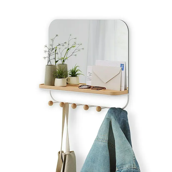 Umbra Garderobenhaken Estique - L x B x H: 10,2 x 45,7 x 40,6 cm, Anzahl Haken: 6 Stk. - Wandmontierter Spiegel mit Regal und Hakenleiste für Jacken, Taschen und Dekoartikel. Praktisch und stilvoll für jeden Eingangsbereich.