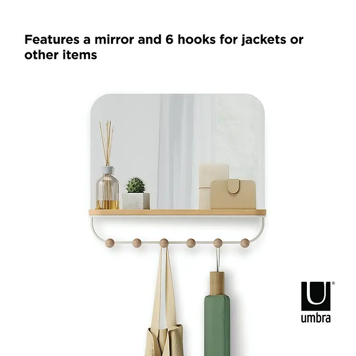 Umbra Gancho para colgar Estique - L x An x Al: 10,2 x 45,7 x 40,6 cm, Número de ganchos: 6 ud., Espejo - Perchero de pared con espejo y seis ganchos para guardar chaquetas u otros objetos. Este perchero también cuenta con un estante práctico.