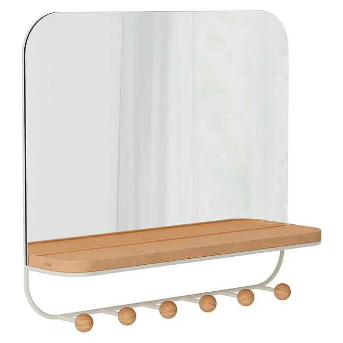 Umbra Gancho para colgar Estique - L x An x Al: 10,2 x 45,7 x 40,6 cm, Número de ganchos: 6 ud., Espejo - Un espejo de pared elegante con estante y barra de ganchos para chaquetas, perfecto para el recibidor o el dormitorio.