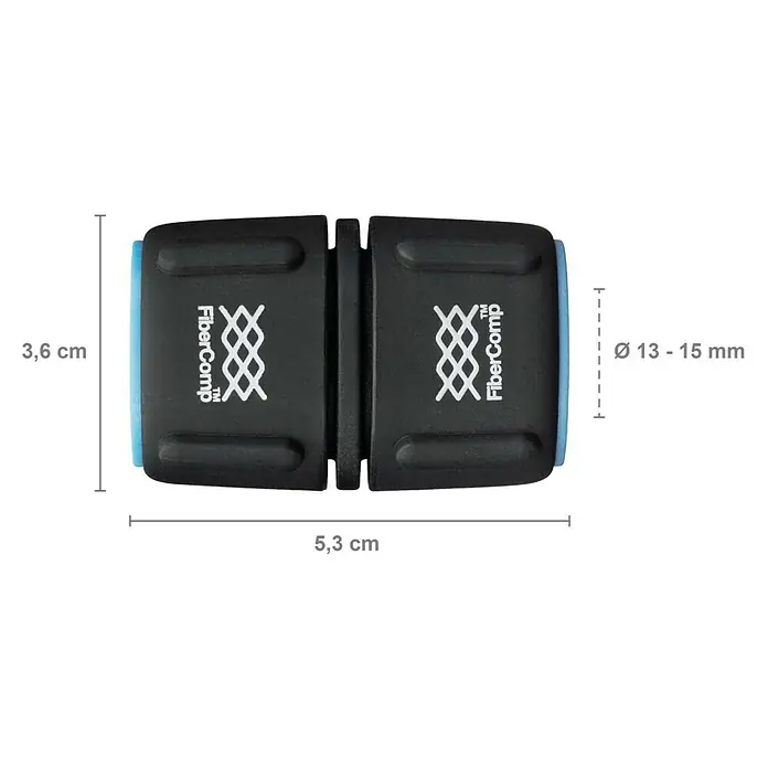 Fiskars FiberComp Reparator - Passend für: ½″-Schläuche Ø 13 mm, ⁵⁄₈″-Schläuche Ø 15 mm - Das Bild zeigt eine FiberComp-Kupplung mit einer Höhe von 3,6 cm, einer Breite von 5,3 cm und einem Durchmesser von 13-15 mm.