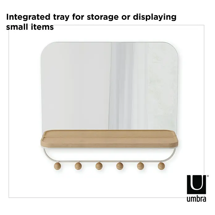 Umbra Gancho para colgar Estique - L x An x Al: 10,2 x 45,7 x 40,6 cm, Número de ganchos: 6 ud., Espejo - Espejo de pared con estante integrado y colgadores para objetos pequeños, ideal para la entrada o el baño. Práctico y elegante.