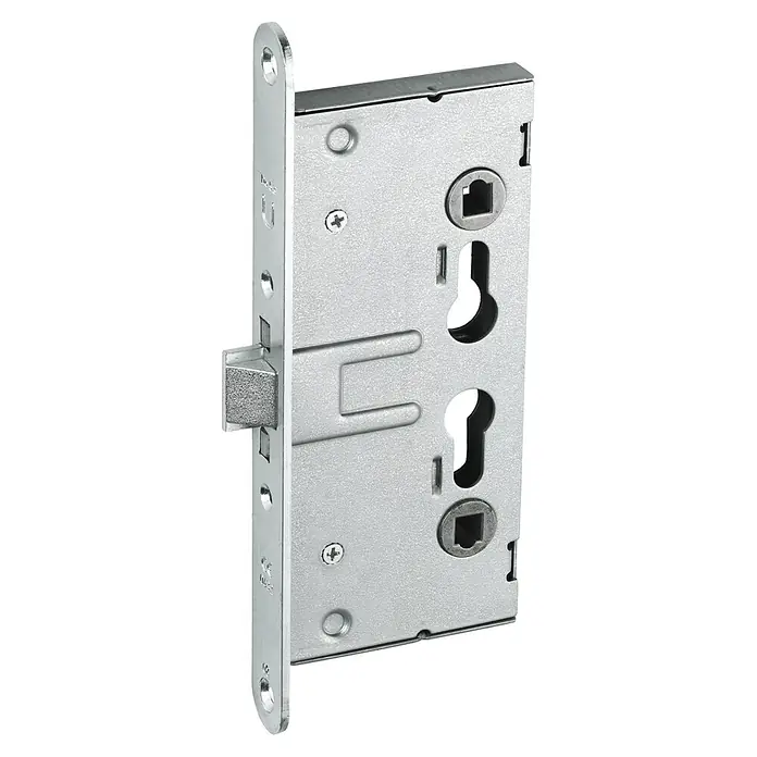 Abus Feuerschutztür-Einsteckschloss EFS 65 - Links/Rechts, Profilzylinder, 186 x 80 x 14 mm - Abbildung eines silberfarbenen Einsteckschlosses für Türen, das für Sicherheit und Schutz in Wohnräumen sorgt.