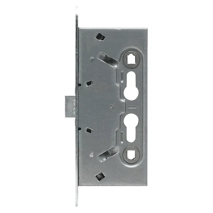 Abus Feuerschutztür-Einsteckschloss EFS 65 - Links/Rechts, Profilzylinder, 186 x 80 x 14 mm - Nahaufnahme eines silbergrauen Einsteckschlosses, das die Details der Mechanik und das robuste Design hervorhebt.