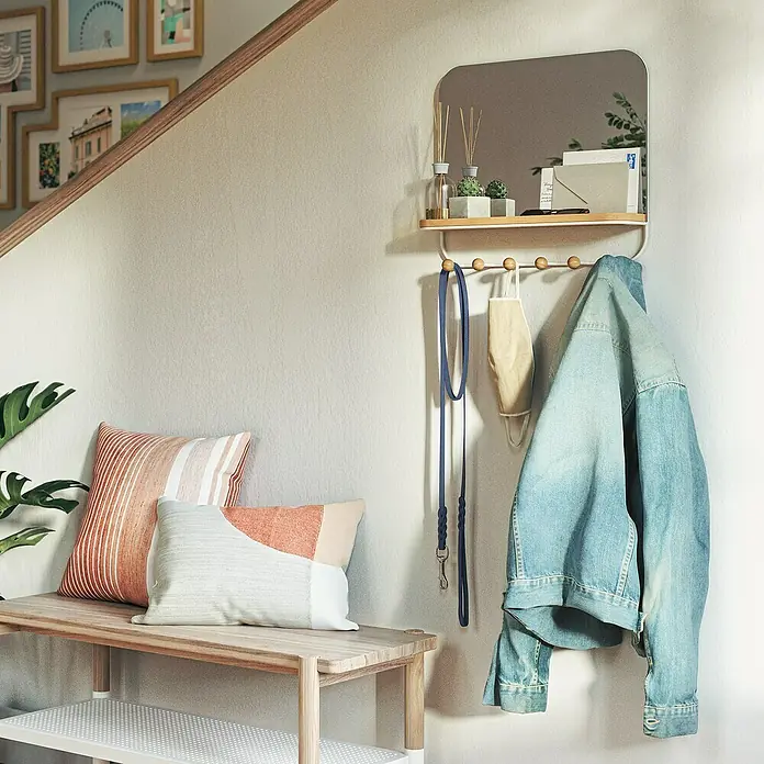Umbra Garderobenhaken Estique - L x B x H: 10,2 x 45,7 x 40,6 cm, Anzahl Haken: 6 Stk. - Die stilvolle Wandgarderobe mit Spiegel und Ablage bietet praktischen Stauraum für Jacken, Leinen und Accessoires im Eingangsbereich.