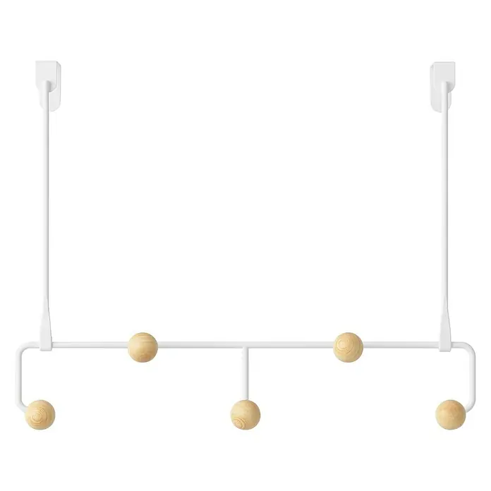 Umbra Türhaken Estique - L x B x H: 10,2 x 38,6 x 30,5 cm, Anzahl Haken: 5 Stk. - Eine weiße Türgarderobe mit fünf Holzkugelhaken für Jacken und Accessoires, ideal für zusätzlichen Stauraum.