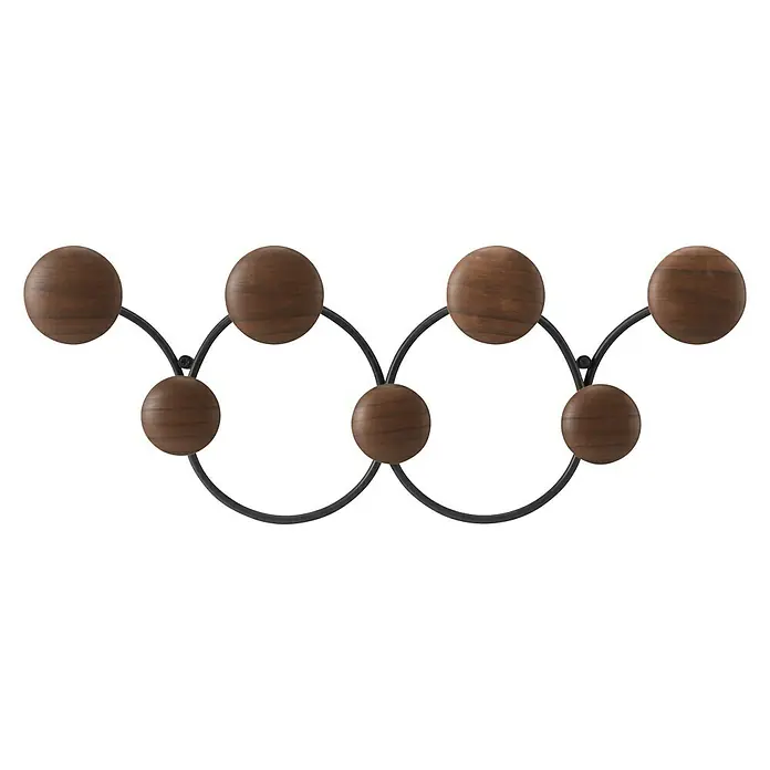 Umbra Garderobenleiste Dotsy - L x B x H: 10,5 x 43,2 x 17,2 cm, Anzahl Haken: 7 Stk., Schwarz - Eine Wandgarderobe mit sieben Holzkugeln, die an einem schwarzen Metallgestell befestigt sind. Die Garderobe ist modern und dekorativ.