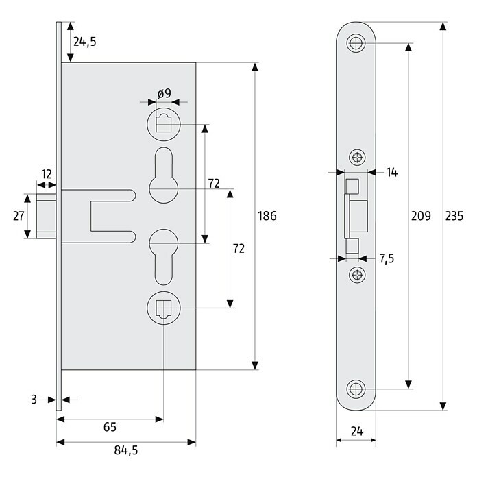 Abus Feuerschutztür-Einsteckschloss EFS 65Links/Rechts, Profilzylinder, 186 x 80 x 14 mm Sketch