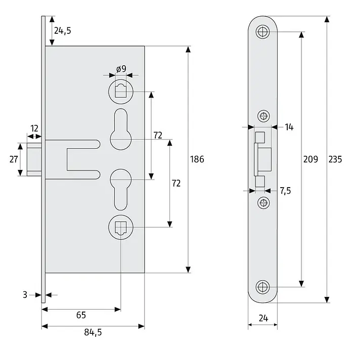 Abus Feuerschutztür-Einsteckschloss EFS 65 - Links/Rechts, Profilzylinder, 186 x 80 x 14 mm - Technische Zeichnung eines Kastenschlosses mit den zugehörigen Maßen.