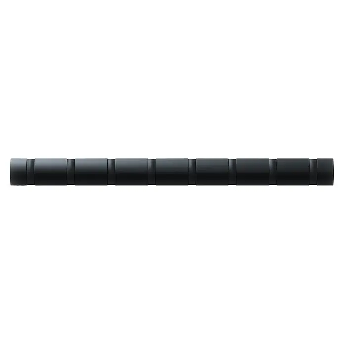 Umbra Garderobenleiste Flip - L x B x H: 81,3 x 3,2 x 6,4 cm, Anzahl Haken: 8 Stk., Schwarz - Eine Ansicht einer stilvollen, dunklen, schmalen Soundbar mit dezenten Akzenten, die modernes Audio-Design ausstrahlt.