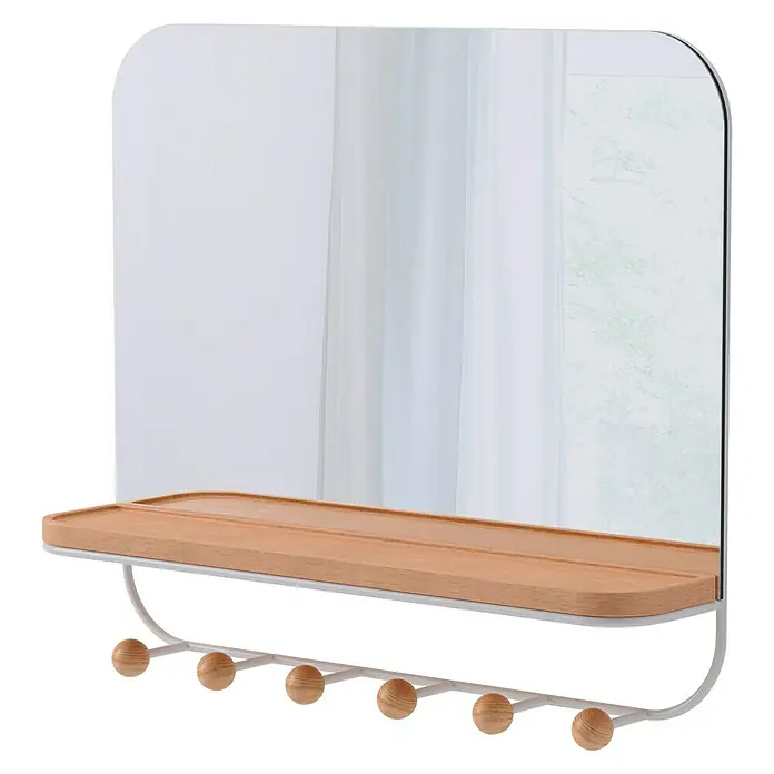 Umbra Gancho para colgar Estique - L x An x Al: 10,2 x 45,7 x 40,6 cm, Número de ganchos: 6 ud., Espejo - Un espejo de pared elegante con una estantería de madera integrada y un perchero para mayor almacenamiento. Práctico y decorativo para cualquier habitación.