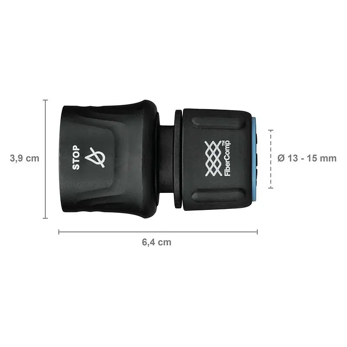 Fiskars FiberComp Schlauchanschluss Stop - ½″ / ⁵⁄₈″ - Bild eines FiberComp-Schlauchverbinders mit den Maßen 3,9 cm in der Höhe und 6,4 cm in der Länge mit Durchmesser 13-15 mm.