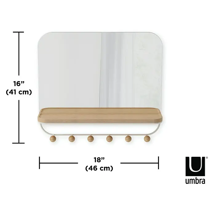 Umbra Gancho para colgar Estique - L x An x Al: 10,2 x 45,7 x 40,6 cm, Número de ganchos: 6 ud., Espejo - Imagen del producto: Espejo Umbra con estante y ganchos para una decoración de pared elegante en el pasillo o baño.