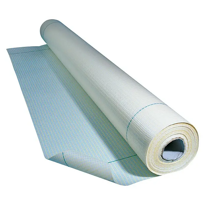Gitterfolie Meterware - L x B: 50 x 2 m - Eine Rolle Baufolie mit einer hellblauen Gitterstruktur und einer weißen, leicht durchscheinenden Oberfläche vor einem schwarzen Hintergrund.