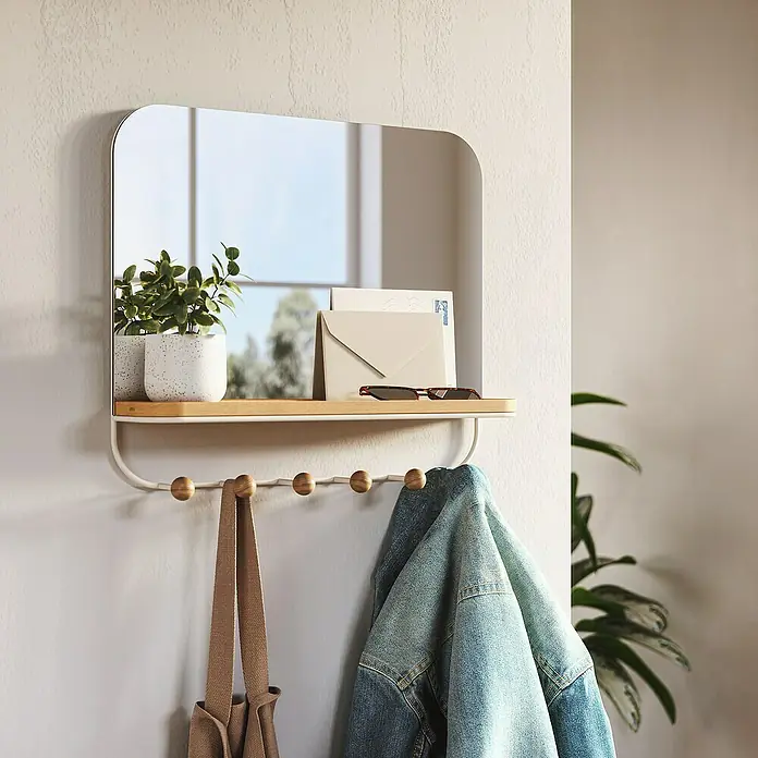 Umbra Gancho para colgar Estique - L x An x Al: 10,2 x 45,7 x 40,6 cm, Número de ganchos: 6 ud., Espejo - Espejo de pared con estante y colgador ideal para guardar llaves, chaquetas y accesorios en la entrada.