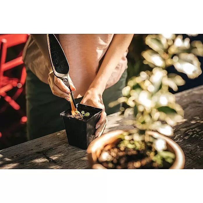 Fiskars Solid Pflanzkelle Saatgut - 29,8 cm - Eine Person verwendet eine dunkle Schaufel mit orangefarbenem Griff, um einen kleinen grünen Setzling in einem schwarzen Topf einzupflanzen.