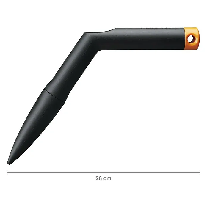Fiskars Solid Pflanzholz - 26 cm - Nahaufnahme eines Fiskars Unkrautstechers mit ergonomischem Griff und orangener Schlaufe, ideal für die Gartenarbeit mit einer Länge von 26 cm.