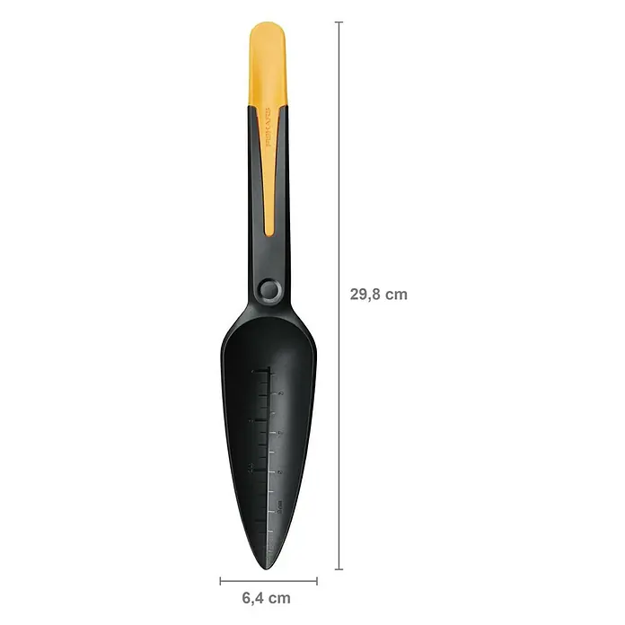 Fiskars Solid Pflanzkelle Saatgut - 29,8 cm - Gartenschaufel mit Tiefenmarkierung, ideal für präzises Pflanzen und Umtopfen. Die Schaufel ist 29,8 cm lang und 6,4 cm breit.