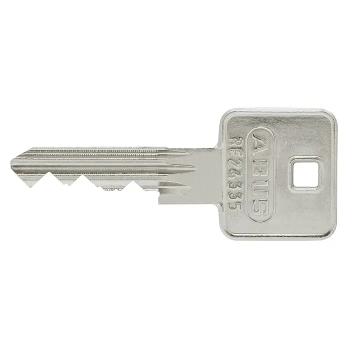 Abus Profilzylinder E20NP Gleichschließend - Baulänge innen: 10 mm, Baulänge außen: 30 mm, Anzahl Schlüssel: 3 Stk. - Nahaufnahme eines ABUS Schlüssels. Das silberne Metall und die präzisen Einschnitte sind typisch für hochwertige Sicherheitsschlüssel.
