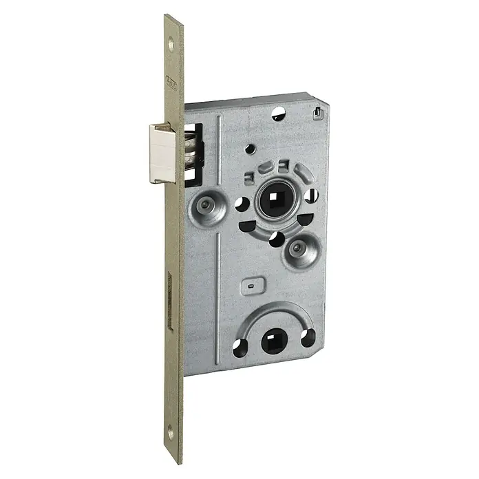 Abus WC-Einsteckschloss 24 SB - Links, Silber, 144 x 84 x 14 mm - Nahaufnahme eines ABUS Einsteckschlosses mit silbernem Gehäuse und Details wie Riegel und Schlüsselloch. Ideal für Sicherheit.