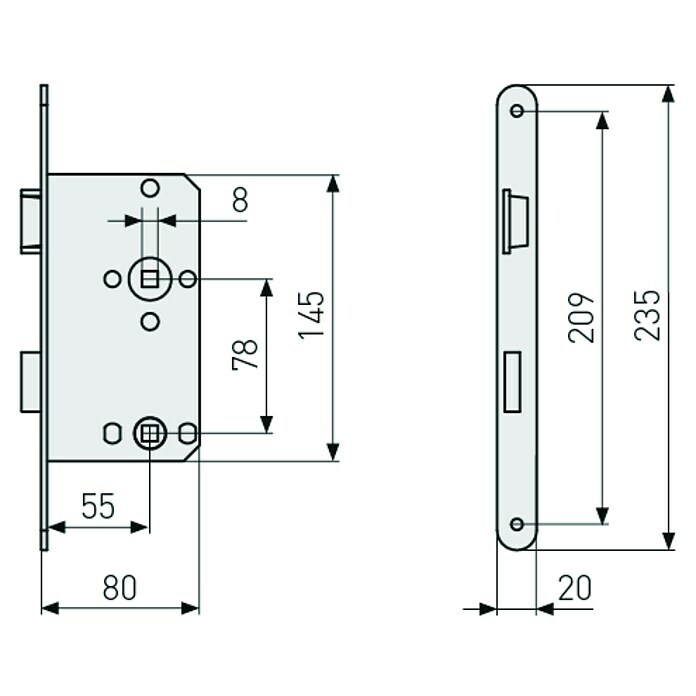 Abus WC-Einsteckschloss 20 SBLinks, Silber, 145 x 80 x 14 mm Sketch