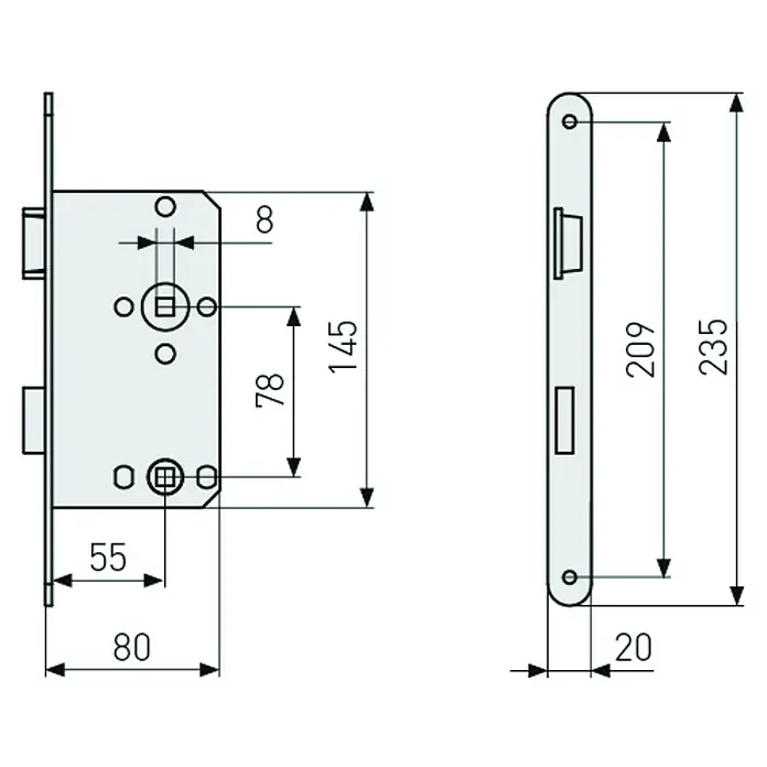 Abus WC-Einsteckschloss 20 SB - Rechts, Silber, 145 x 80 x 14 mm - Darstellung eines Einsteckschlosses mit verschiedenen Abmessungen, die die Konstruktionsdetails hervorheben.