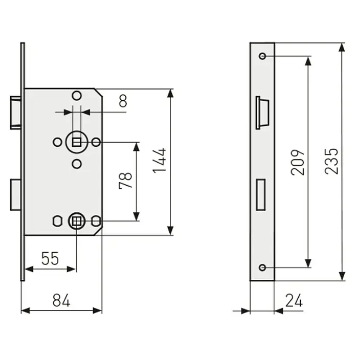 Abus WC-Einsteckschloss 24 SB - Rechts, Silber, 144 x 84 x 14 mm - Bild einer schematischen Zeichnung eines Einsteckschlosses mit den Maßen 84 x 144 x 24 mm, relevant für die Montage.