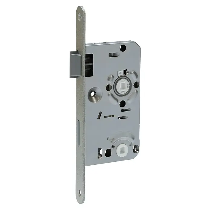 Abus WC-Einsteckschloss 20 SB - Links, Gold, 145 x 80 x 14 mm - Das Bild zeigt ein präzise gefertigtes Türschloss mit einem robusten Riegel und einer stabilen Metallkonstruktion für zuverlässige Sicherheit.