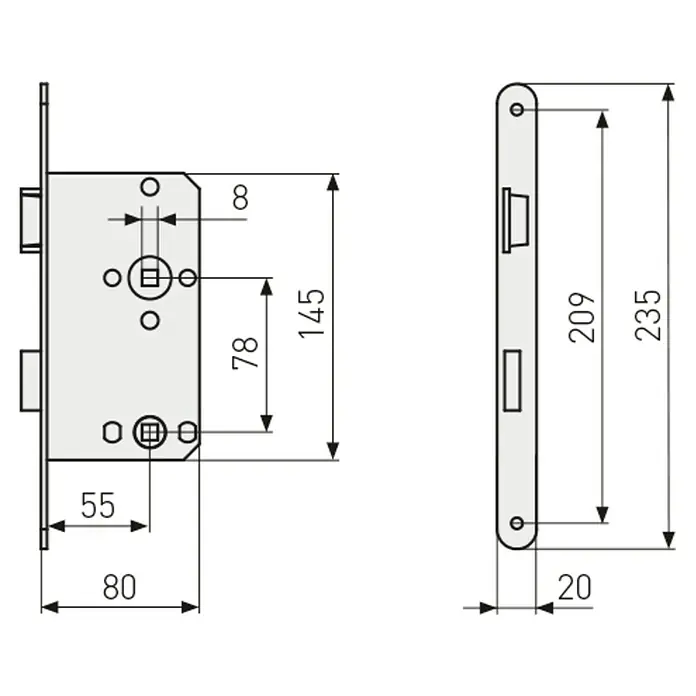 Abus WC-Einsteckschloss 20 SB - Links, Gold, 145 x 80 x 14 mm - Technische Zeichnung eines Einsteckschlosses mit Maßangaben für Montage und Konstruktion. Ideal zur Planung.