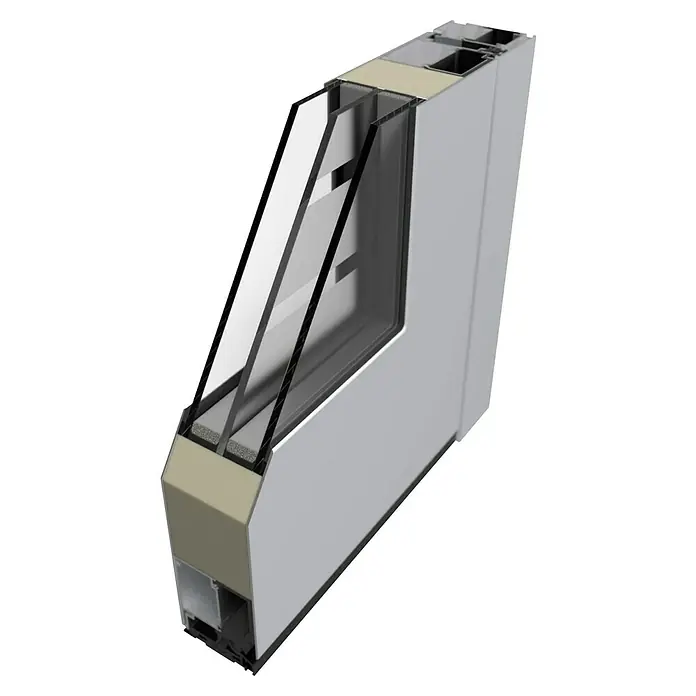 Portofino Haustür 707PF - 110 x 210 cm, DIN Anschlag: Rechts, Anthrazitgrau Feinstruktur/Verkehrsweiß matt - Detailaufnahme eines modernen Fensterrahmens mit Isolierverglasung und thermischer Trennung für hohe Energieeffizienz.