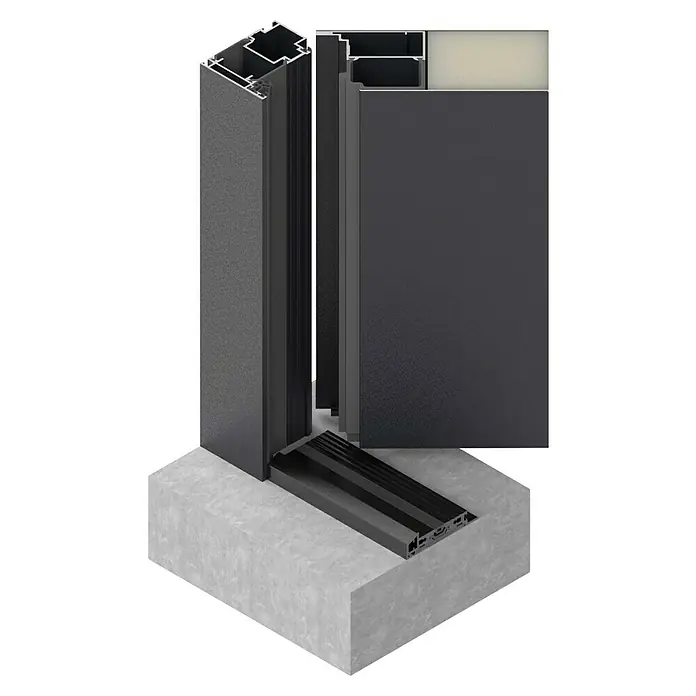 Portofino Haustür 707PF - 110 x 210 cm, DIN Anschlag: Rechts, Anthrazitgrau Feinstruktur/Verkehrsweiß matt - Detaillierte Ansicht eines schwarzen Türrahmens mit mehreren Schichten und einer robusten Bodenbefestigung. Ideal für moderne Architektur.