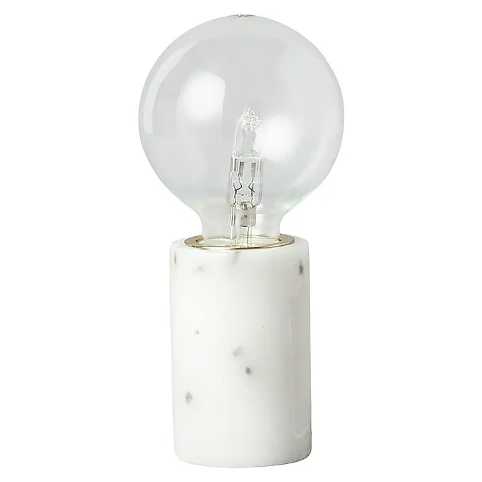 Nordlux Lámpara de sobremesa Siv Mármol - 60 W, L x An x Al: 6 x 6 x 10,3 cm, Blanco, E27 - Primer plano de una lámpara de mesa elegante con una bombilla transparente sobre una base de mármol elegante, mostrando un diseño moderno.