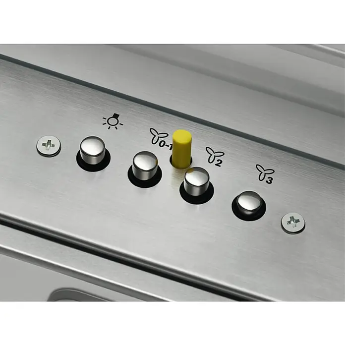 AEG Campana integrable DPE4941M - Ancho: 86,1 cm, Máx. Potencia del ventilador en modo extracción: 600 m³/h, Acero inoxidable - Primer plano de la campana extractora de acero inoxidable con luz, potencia y ajustes de velocidad.
