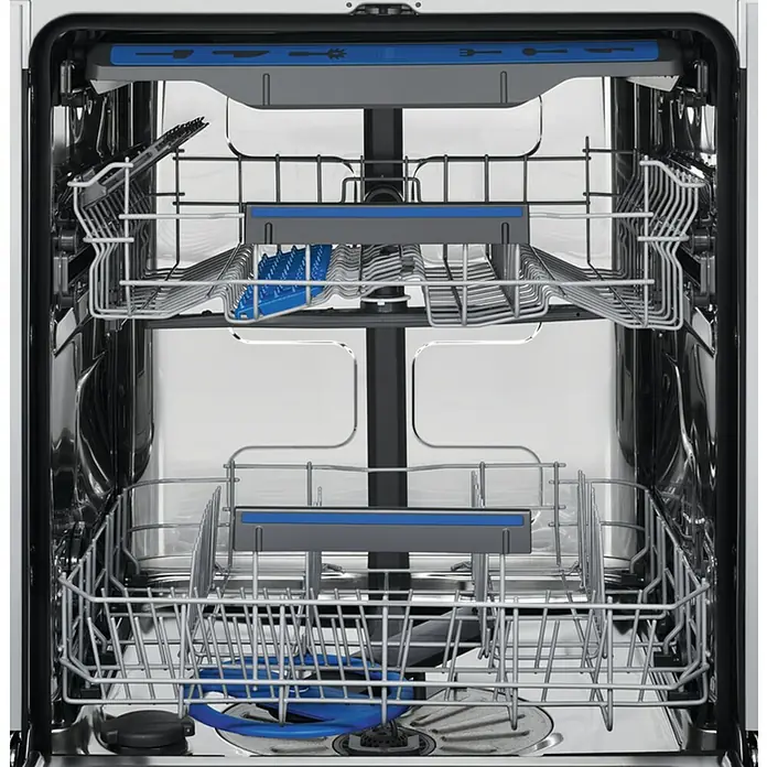 Electrolux Lavavajillas integrable EEM48300L - Ancho: 59,6 cm, Número de cubiertos: 14 ud., Completamente integrado, Consumo de agua por uso: 10,5 l - Vista interior de un lavavajillas, mostrando dos bandejas, bandeja para cubiertos y brazos rociadores para una limpieza eficiente.
