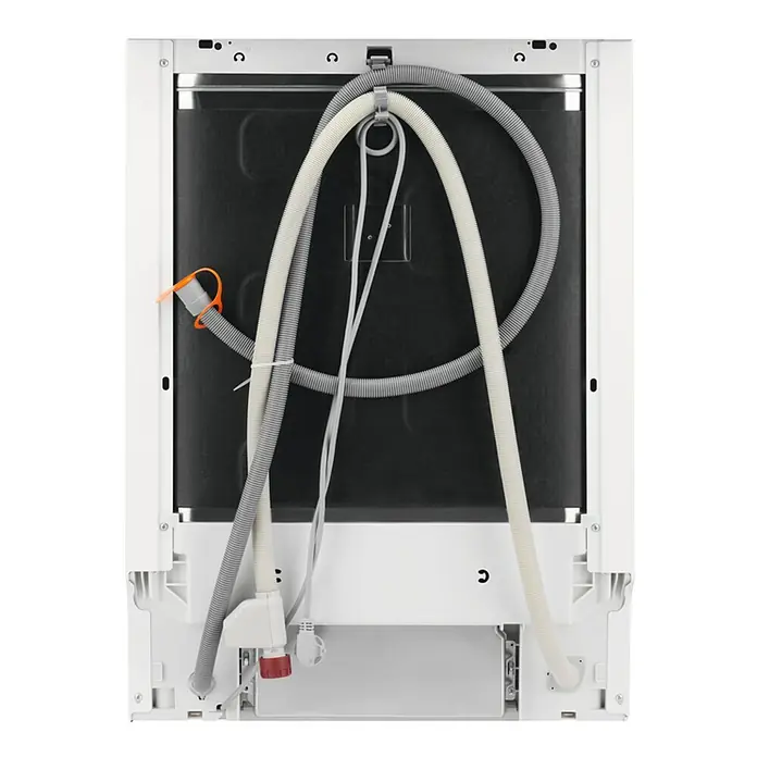 Electrolux Lavavajillas integrable EEM48300L - Ancho: 59,6 cm, Número de cubiertos: 14 ud., Completamente integrado, Consumo de agua por uso: 10,5 l - Vista posterior de un lavavajillas que muestra las mangueras y los cables. Primer plano de las conexiones de agua y electricidad.