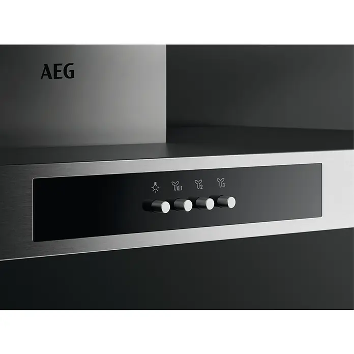 AEG Campana decorativa DBB3651M - Ancho: 60 cm, Máx. Potencia del ventilador en modo extracción: 600 m³/h, Acero inoxidable - Campana extractora de acero inoxidable AEG con panel de control y perillas para ajustar la luz y la velocidad del ventilador.