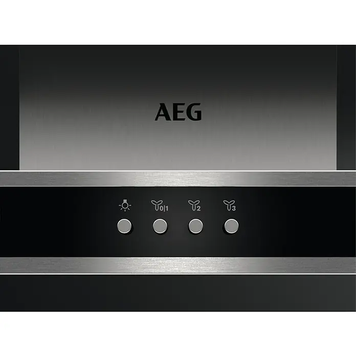AEG Campana decorativa DBB3651M - Ancho: 60 cm, Máx. Potencia del ventilador en modo extracción: 600 m³/h, Acero inoxidable - Primer plano de una campana extractora AEG, con controles para la luz y las velocidades del ventilador.